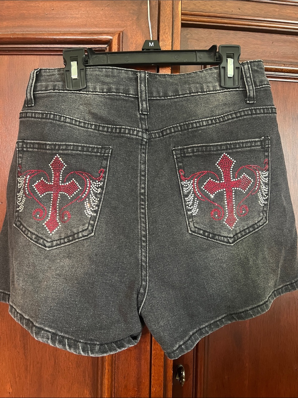 Romwe Black and Red Rhinestone Embellished Denim Shorts Size Medium